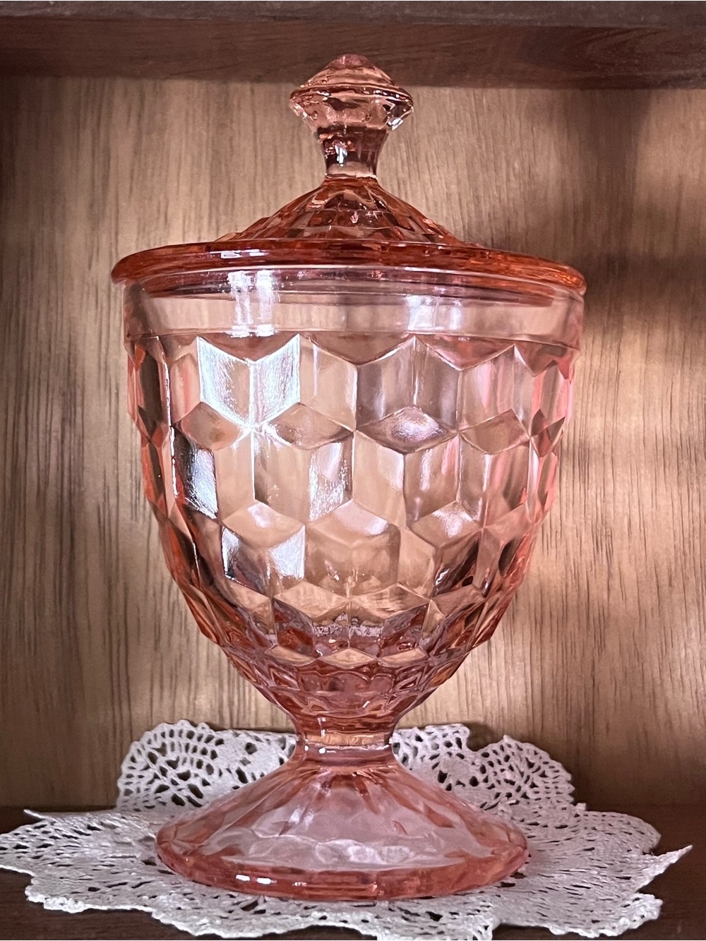 Jeannette Cube Pink Depression Glass Candy Jar Lid Vintage Pedestal Dish